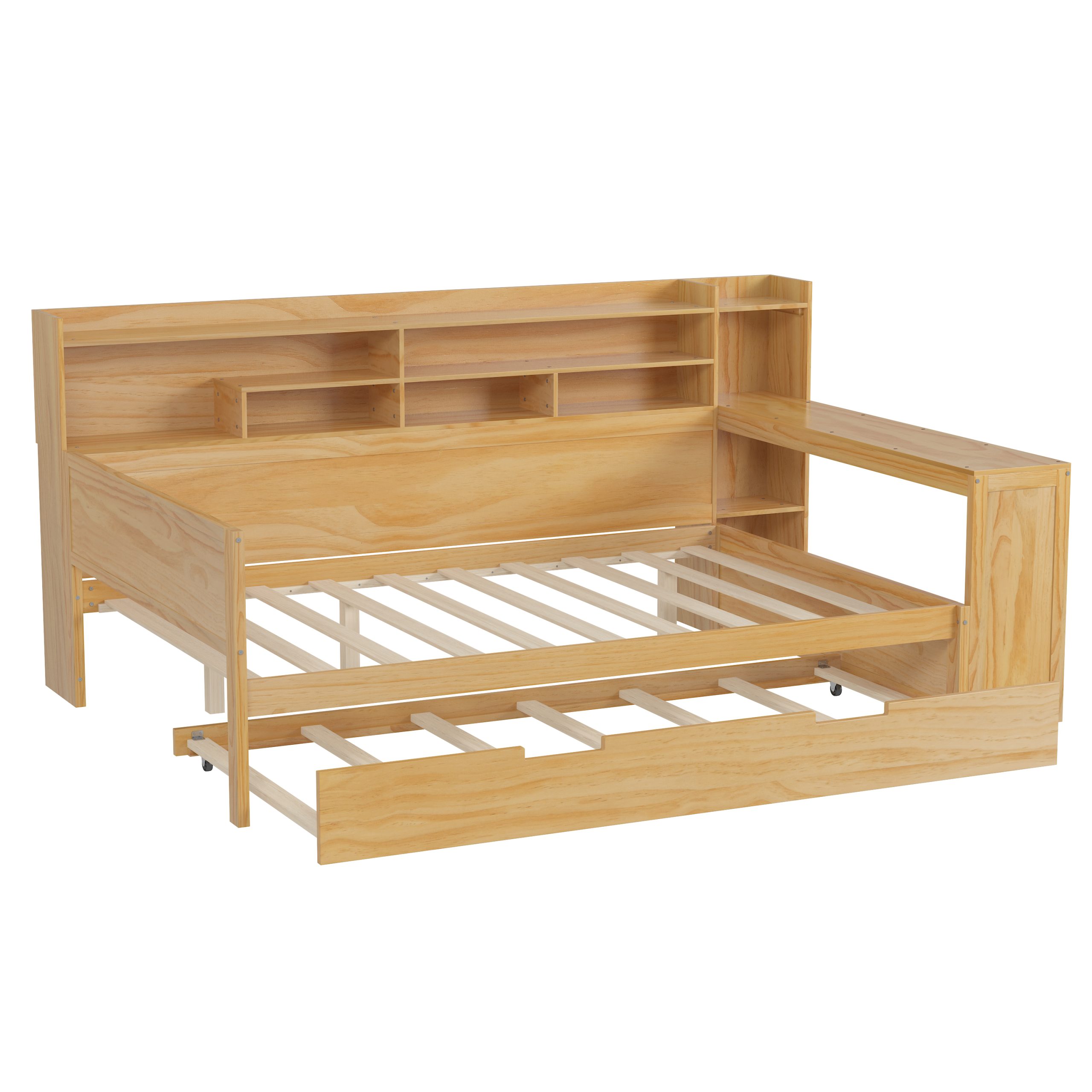 Wooden Full Size Daybed With Storage Shelves, Trundle Bed And Study Desk 8 Wooden Full Size Daybed With Storage Shelves, Trundle Bed And Study Desk