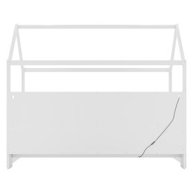 Wood Twin Size House Bed With LED Light, Storage Bookshelf, and Guardrails