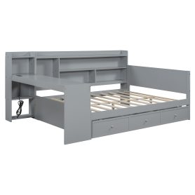 Full Size Wooden Daybed With 3 Drawers, USB Ports and Desk