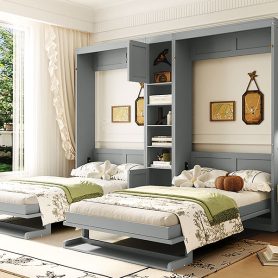 Dual Twin Size Wall Murphy Beds With Cabinets And Shelves