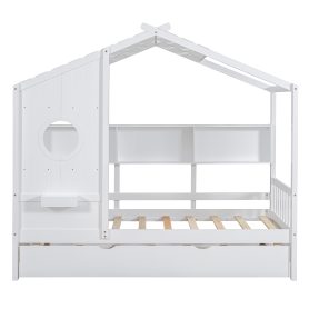Wooden Twin Size House Bed With Trundle and Storage Shlef