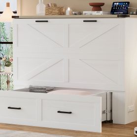 Full Size Farmhouse Murphy Cabinet Bed With Charging Station and Large Storage Drawer