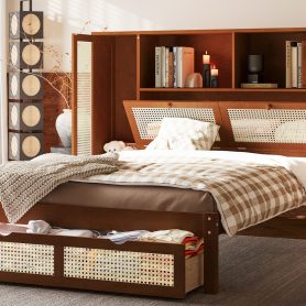 Twin Size Wooden Bed with Two Storage Lockers, Drawer, and Storage Shelf on Headboard 36 Twin Size Wooden Bed with Two Storage Lockers, Drawer, and Storage Shelf on Headboard