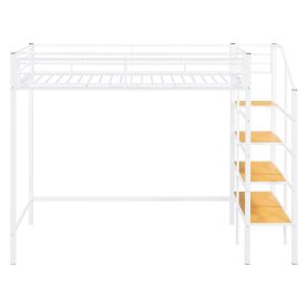 Twin Size Metal Loft Bed with Upper Grid Storage Shelf and Lateral Storage Ladder