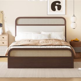 Queen Size Wooden Platform Bed With Trundle And 2 Drawers