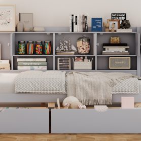 Wooden L-Shape Full Daybed Frame with Study Desk and Built-in Bookshelf