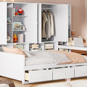 Full Size Wooden Daybed With Three Drawers, and All-in-One Cabinet, Desk and Shelves