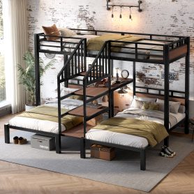 Triple Metal Twin Over Twin Over Twin Bunk Bed With Storage Shelves And Storage Stairs