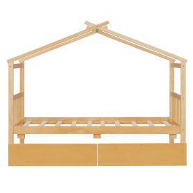 Twin Size Wooden House Bed with Drawers