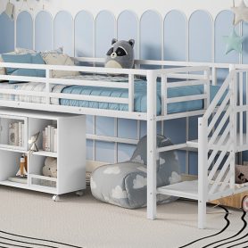 Twin Metal Low Loft Bed With Storage Cubby and Stairs