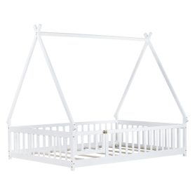 Full Size Rubber Wood Tent-shaped Floor Bed with Guardrails, Slats And Door