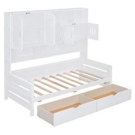 Twin Size Wooden Daybed With 2 Drawers, and All-in-One Cabinet and Shelf 36 Twin Size Wooden Daybed With 2 Drawers, and All-in-One Cabinet and Shelf