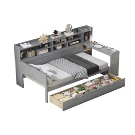 Wooden Twin Size Daybed With Storage Shelves, Two Storage Drawers  and  Study Desk