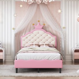 Twin Size  Lovely Crown Fantasy PU Leather Princess Bed With Tufted Headboard