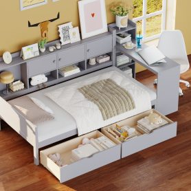 Wooden L-Shape Twin Daybed Frame with Study Desk and Built-in Bookshelf