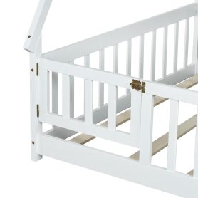 Full Size Rubber Wood Tent-shaped Floor Bed with Guardrails, Slats And Door