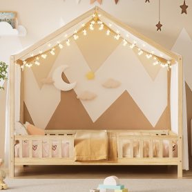 Twin Size Montessori Floor Bed With Canopy and High Railings