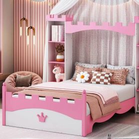 Castle-Shaped Twin Wooden Bed with Storage Shelf
