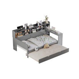 Wooden Twin Size Daybed With Storage Shelves, Twin Size Trundle Bed and  Study Desk