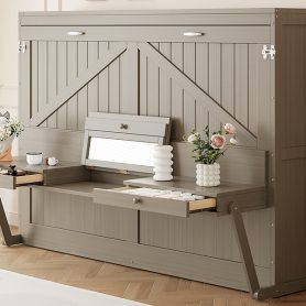 Queen Size Murphy Bed with Storage, Foldable Cabinet Bed with Vanity Desk, Center Mirror & 2 Side Drawers