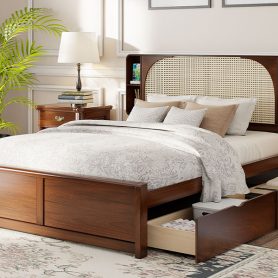 Queen Size Rattan Headboard Bed with Two Drawers and Trundle