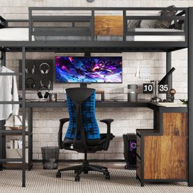 Metal Queen Loft Bed With Desk, Storage Non-woven Fabric Drawers, Ladders