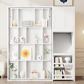 Twin Size Rotating Wall Murphy Beds with Bookshelf, Top Cabinet, Extendable Desk & Side Storage