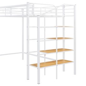 Twin Size Metal Loft Bed with Upper Grid Storage Shelf and Lateral Storage Ladder