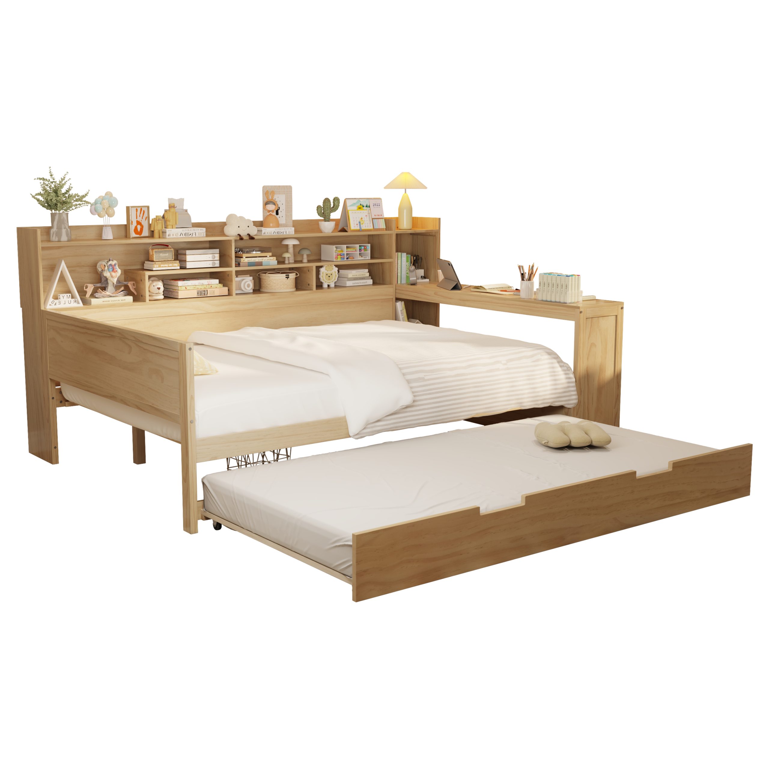 Wooden Full Size Daybed With Storage Shelves, Trundle Bed And Study Desk 15 Wooden Full Size Daybed With Storage Shelves, Trundle Bed And Study Desk