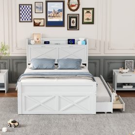 Full Size Wooden Bed With Storage Headboard With Outlets,  Twin Size Trundle With Three Storage Drawers