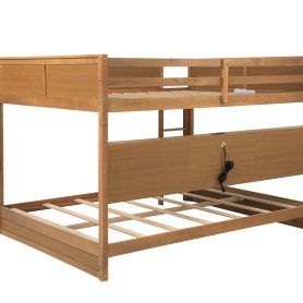 Queen Over Queen Bunk Bed with Built-in Storage Cabinets, Charging Station, Ladder, Safety Guardrails