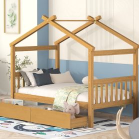 Twin Size Wooden House Bed with Drawers