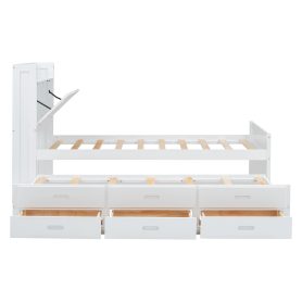 Twin Size Wooden Bed With Storage Headboard With Outlets, Twin Size Trundle With Three Storage Drawers