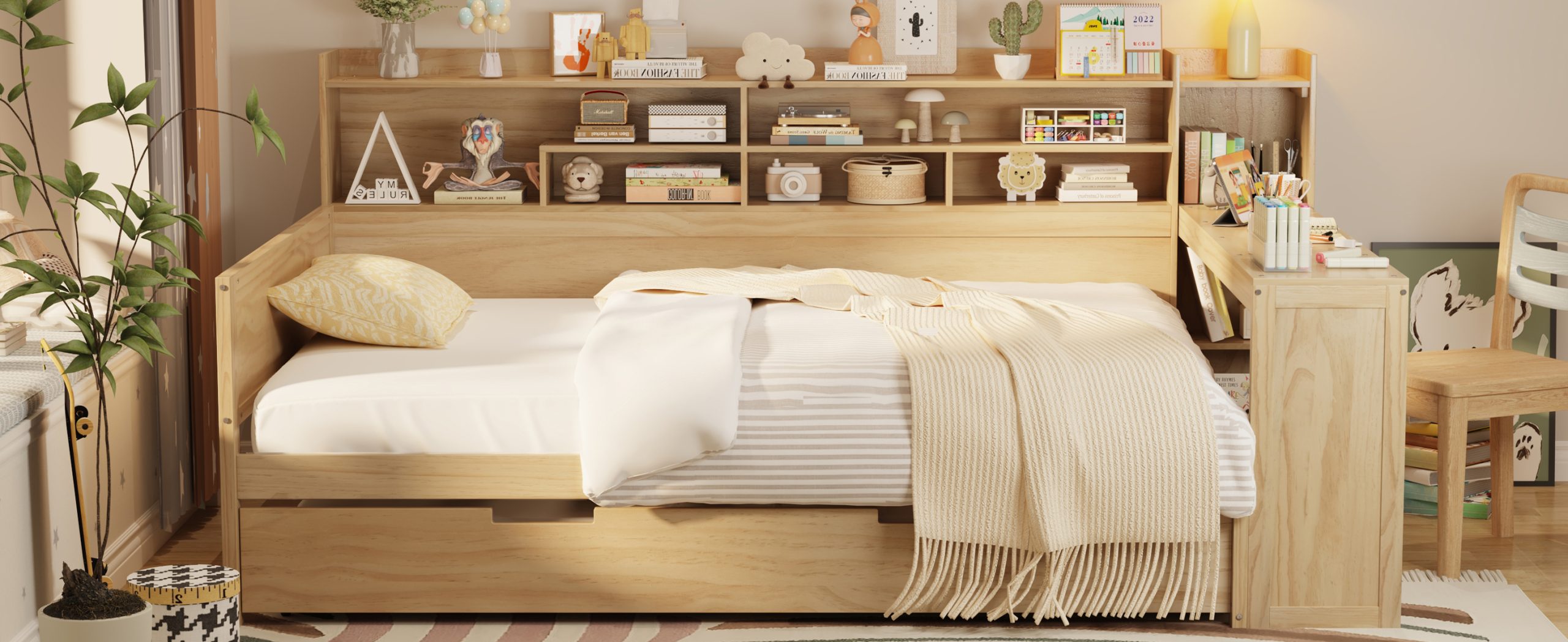 Wooden Full Size Daybed With Storage Shelves, Trundle Bed And Study Desk 20 Wooden Full Size Daybed With Storage Shelves, Trundle Bed And Study Desk