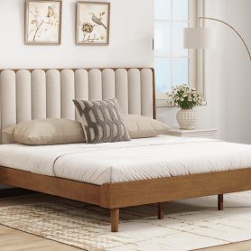 King Size Wood Bed with Piano Key Style Upholstered Headboard
