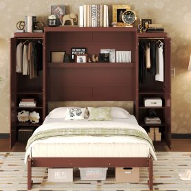 Wooden Full Wall Bed With 2 Wardrobe And Storage Shelf