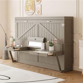 Queen Size Murphy Bed with Storage, Foldable Cabinet Bed with Vanity Desk, Center Mirror & 2 Side Drawers