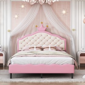 Full Size Lovely Crown Fantasy PU Leather Princess Bed With Tufted Headboard