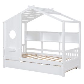 Wooden Twin Size House Bed With Trundle and Storage Shlef
