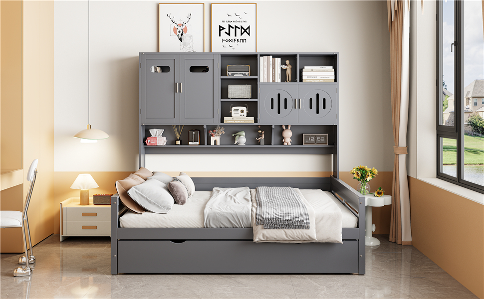 Full Size Wooden Daybed With Twin Size Trundle, and All-in-One Cabinet and Shelf 19 Full Size Wooden Daybed With Twin Size Trundle, and All-in-One Cabinet and Shelf