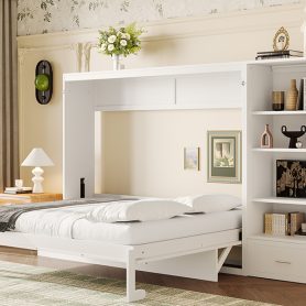 Queen Murphy Bed with Height Adjustable Storage Compartments and Shelf