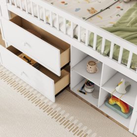 Wood Low Twin Size Loft Bed With LED, Bookshelf, Stairs, Storage Drawers And Shelves