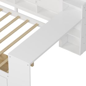 Full Size Wooden L-Shape Daybed with Seven Storage Cabinets and Two Storage Drawers 31 Wooden L-Shape Full Daybed Frame with Study Desk and Built-in Bookshelf