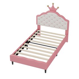 Twin Size  Lovely Crown Fantasy PU Leather Princess Bed With Tufted Headboard