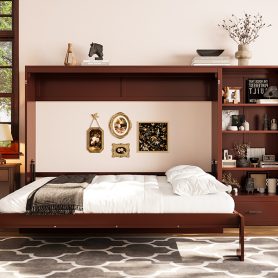 Queen Size Murphy Bed with Height Adjustable Storage Compartments and Shelf