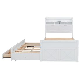 Twin Size Wooden Bed With Storage Headboard With Outlets, Twin Size Trundle With Three Storage Drawers