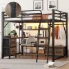Queen Size Loft Bed with Desk and LED, Metal Loft Bed with Storage Shelves
