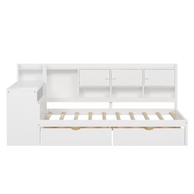 Full Size Wooden L-Shape Daybed with Seven Storage Cabinets and Two Storage Drawers 21 Wooden L-Shape Full Daybed Frame with Study Desk and Built-in Bookshelf