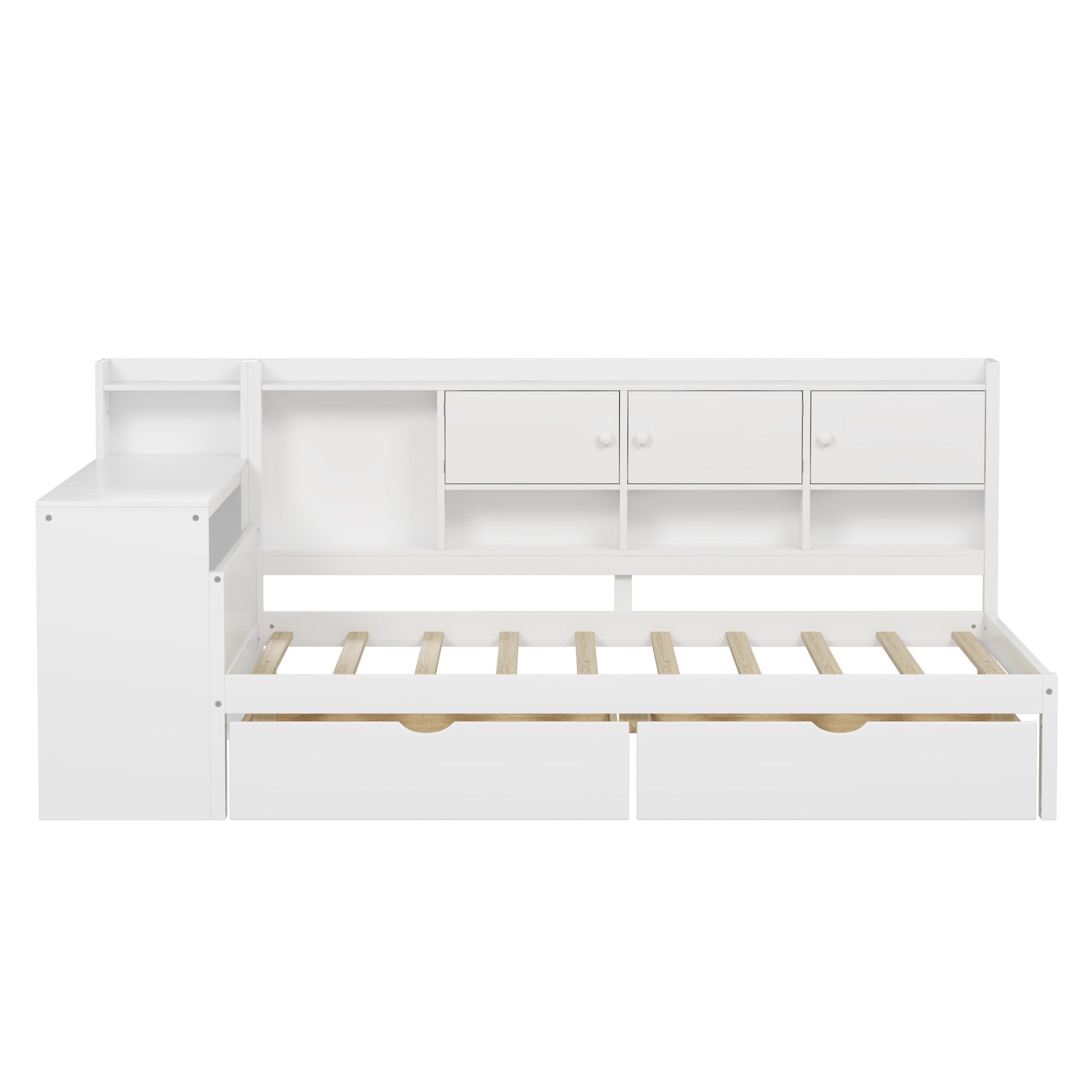 Full Size Wooden L-Shape Daybed with Seven Storage Cabinets and Two Storage Drawers 5 Wooden L-Shape Full Daybed Frame with Study Desk and Built-in Bookshelf