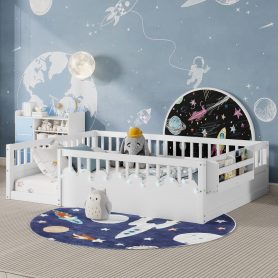 Full Montessori Floor Bed Frame With High Rails, Light And Storage Shelf